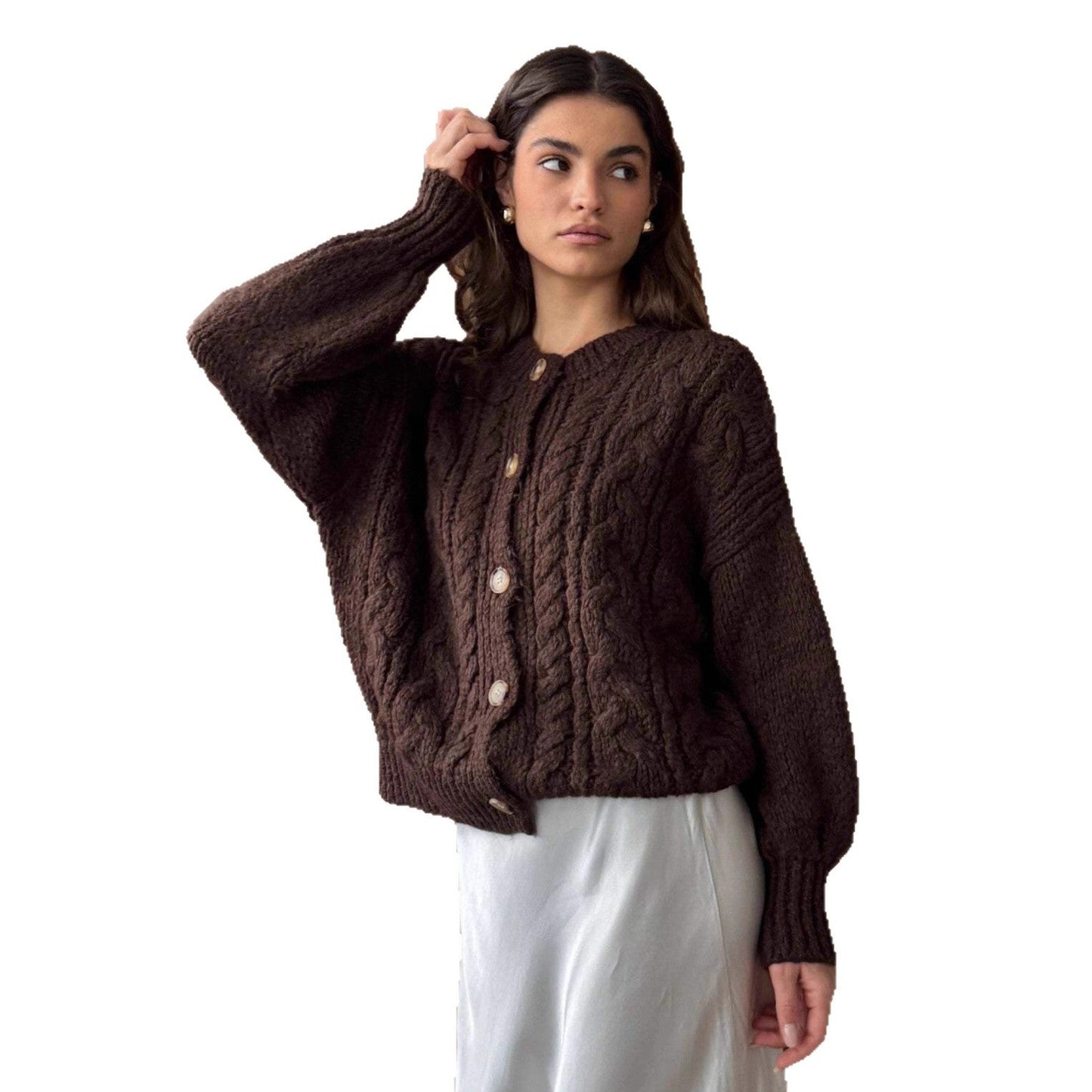 Damen Grobstrickjacke Voluminöse Ärmel Große Knöpfe Norvielle