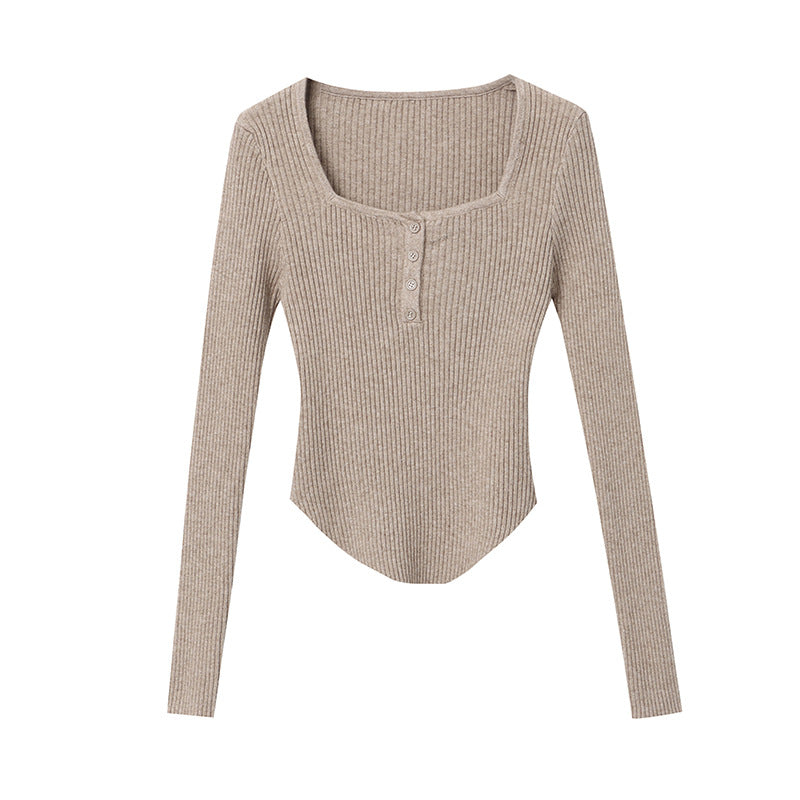 Damen Rippstrickoberteil Langärmlig mit Knöpfen