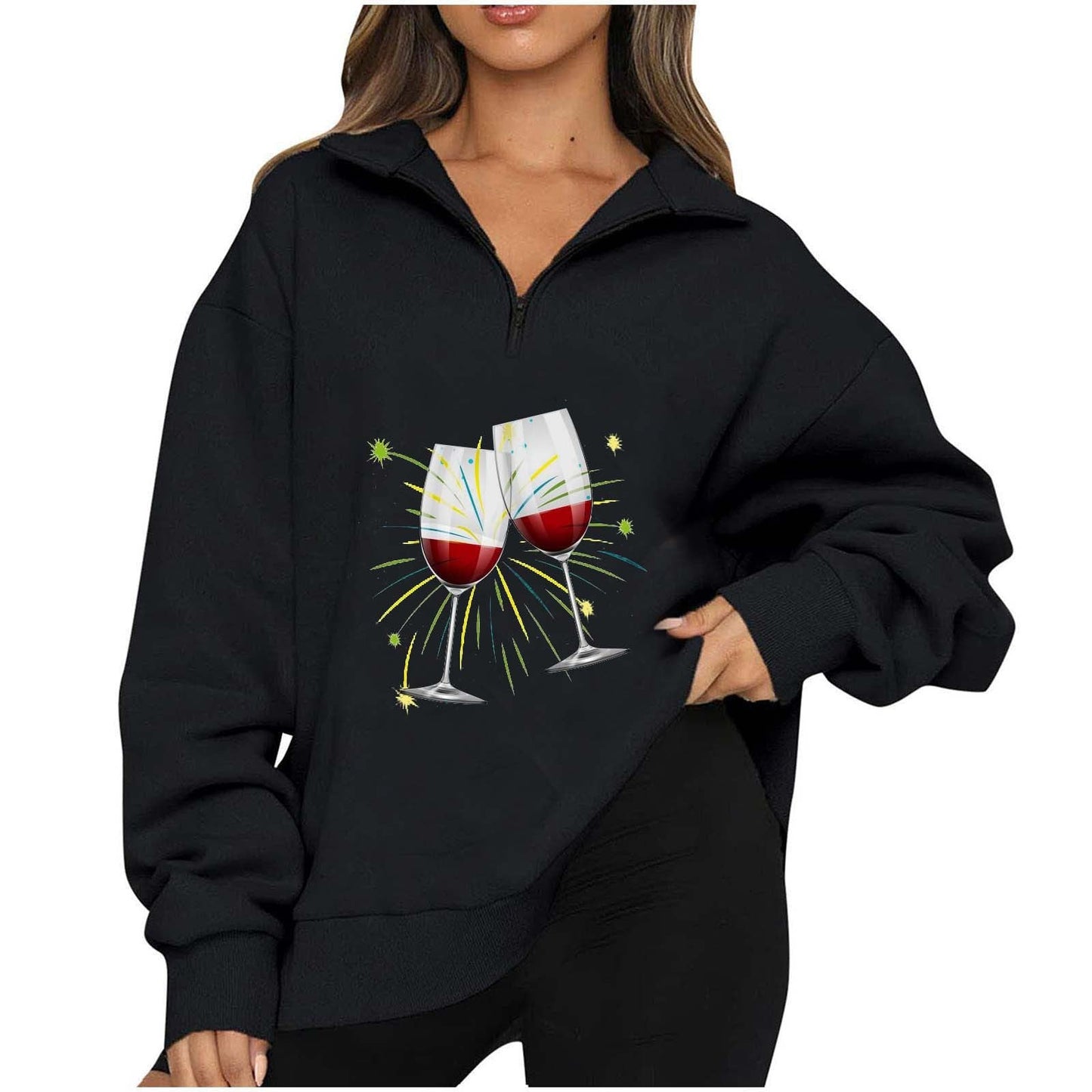 Damen Oversized Pullover Reißverschluss Party-Motiv Norvielle