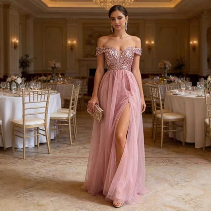 Damen Abendkleid Schulterfrei Funkelnde Applikationen Norvielle - Norvielle