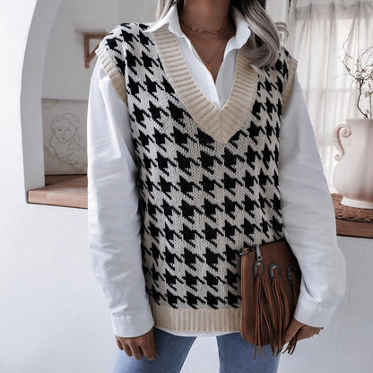 Damen Rippstrick-Weste V-Ausschnitt Hahnentritt-Design
