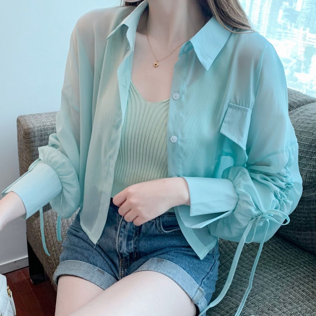 Damen Bluse Transparent mit Raffungen Norvielle