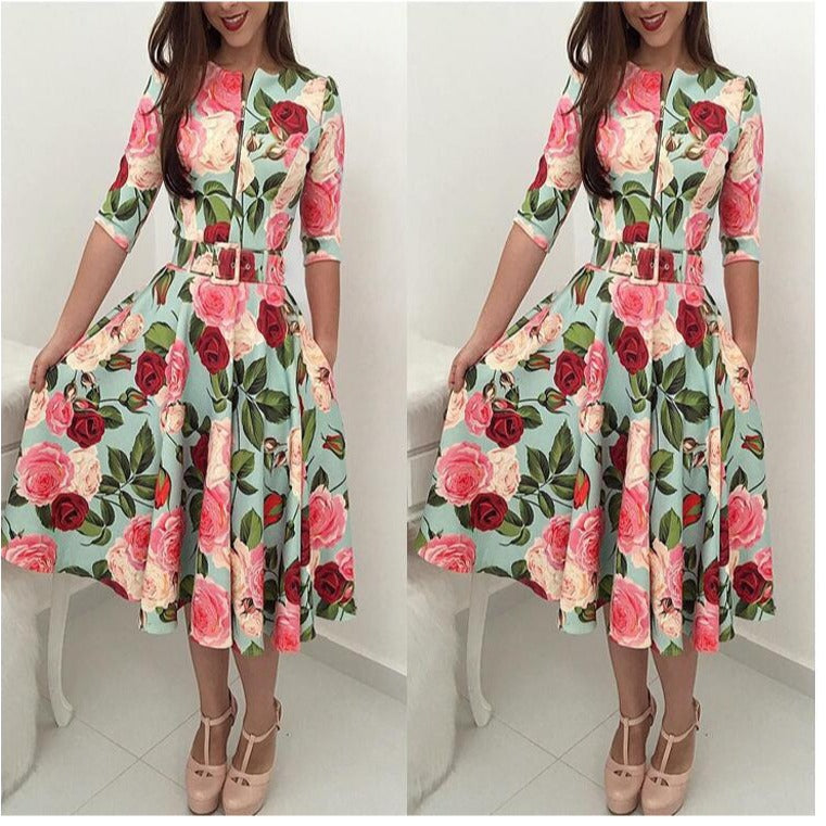 Damen Midikleid Floralmuster Mit Taillengürtel