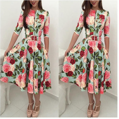 Damen Midikleid Floralmuster Mit Taillengürtel