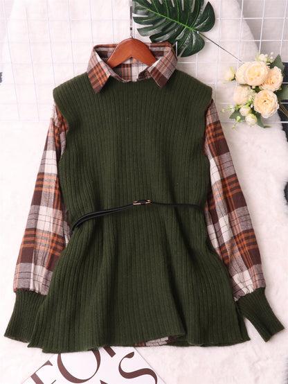 Damen Strickpullover mit Karomuster und elastischem Gürtel Norvielle