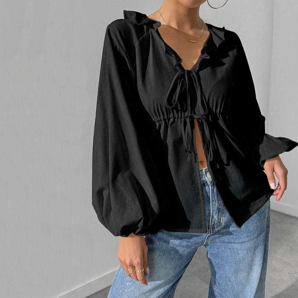 Damen Shirtjacke Blusenstyle Voluminöse Ärmel Rüschen Norvielle