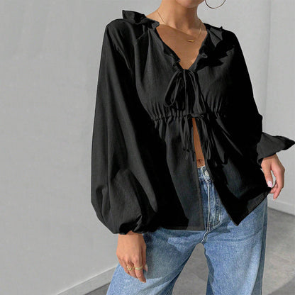 Damen Shirtjacke Blusenstyle Voluminöse Ärmel Rüschen Norvielle