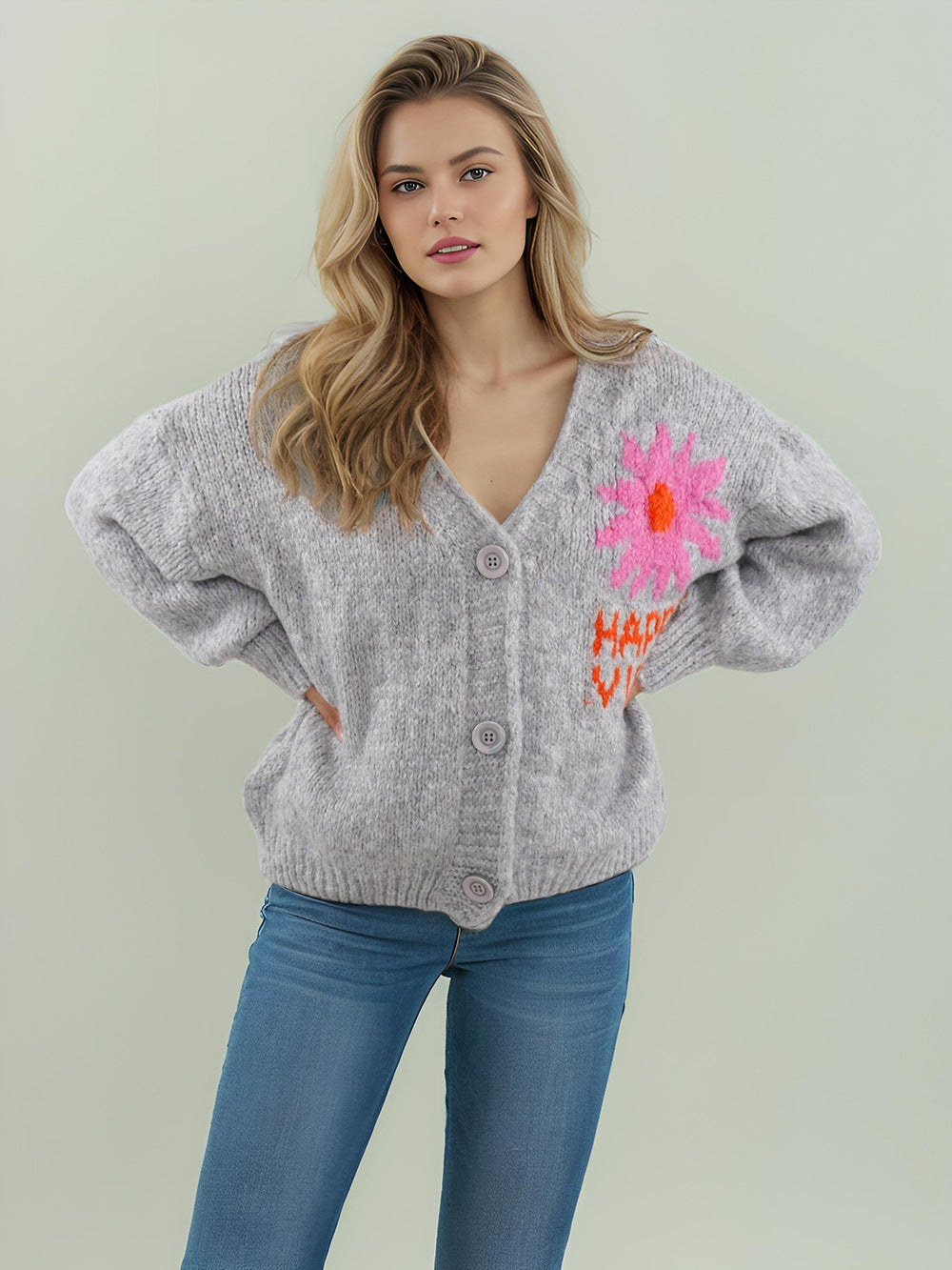 Damen Strickjacke Bunt Blumenmuster Große Knöpfe