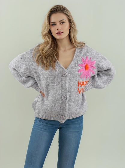 Damen Strickjacke Bunt Blumenmuster Große Knöpfe