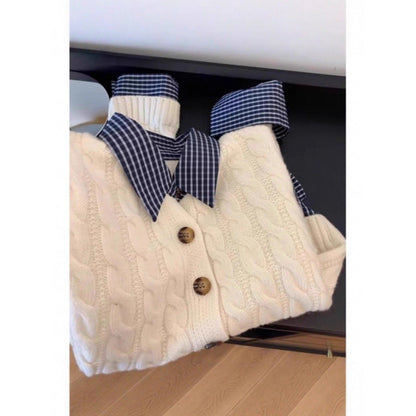 Damen Strickjacke Karostoffkragen Knöpfe Norvielle