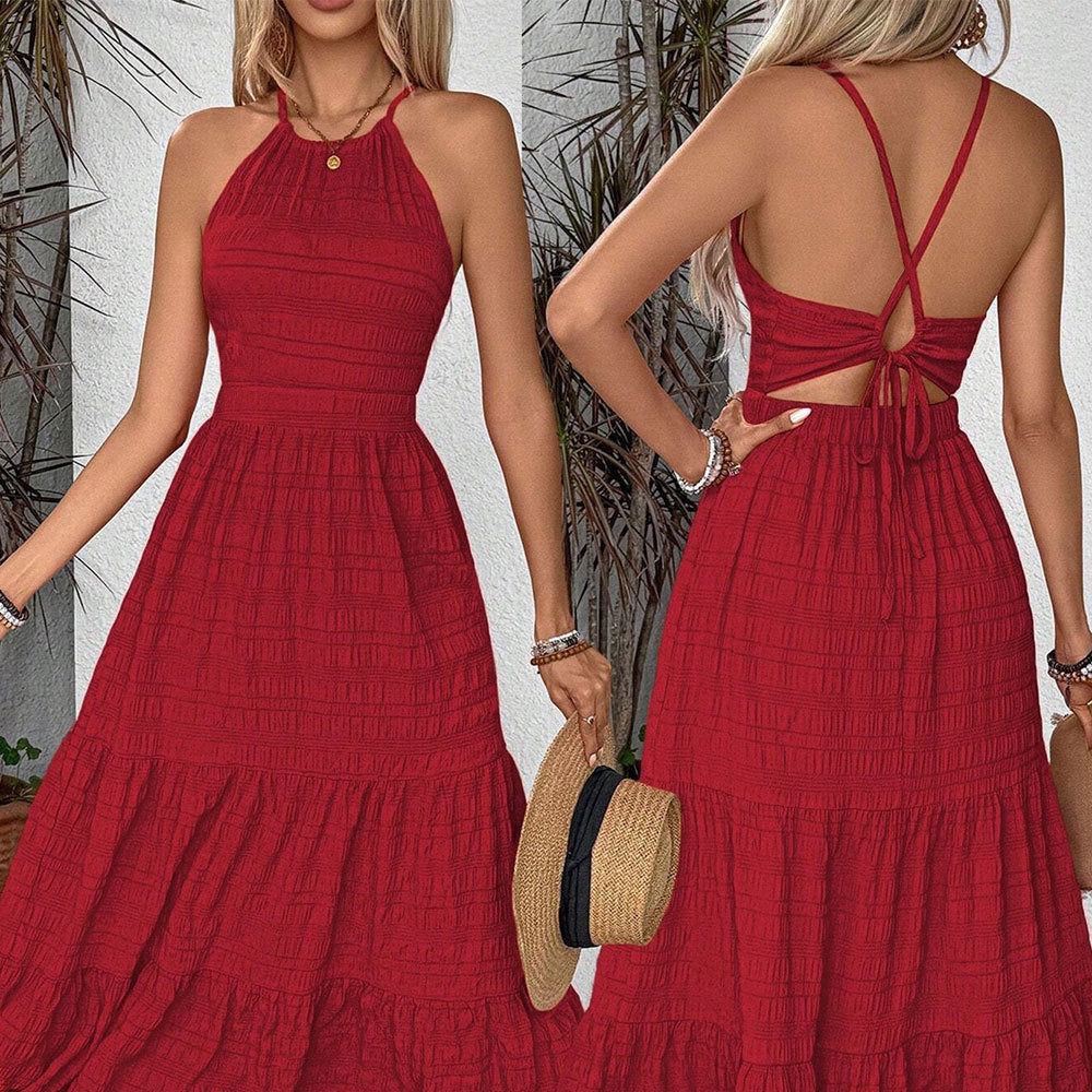 Damen Maxi-Kleid Offener Rücken Voluminöser Rüschensaum