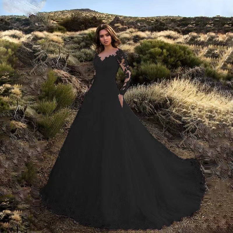 Damen Abendkleid Spitze V-Ausschnitt Lange Ärmel