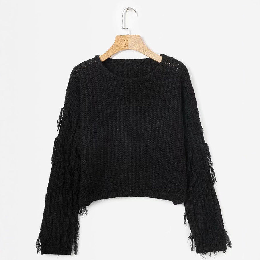 Damen Strickpullover mit Fransen Ärmeln und Komfortschnitt
