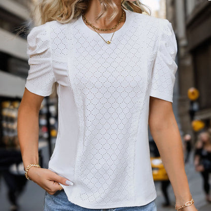Damen Kurzarmbluse Lochmuster Puffärmel Elegantes Design - Norvielle