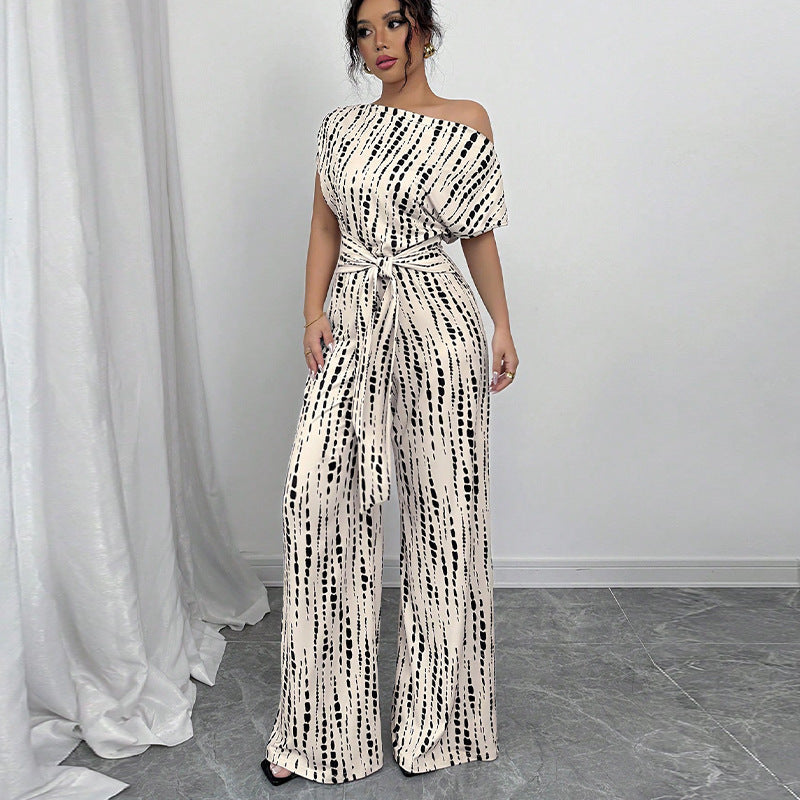Damen Jumpsuit Asymmetrischer Ausschnitt Florale Rüschen Norvielle - Norvielle