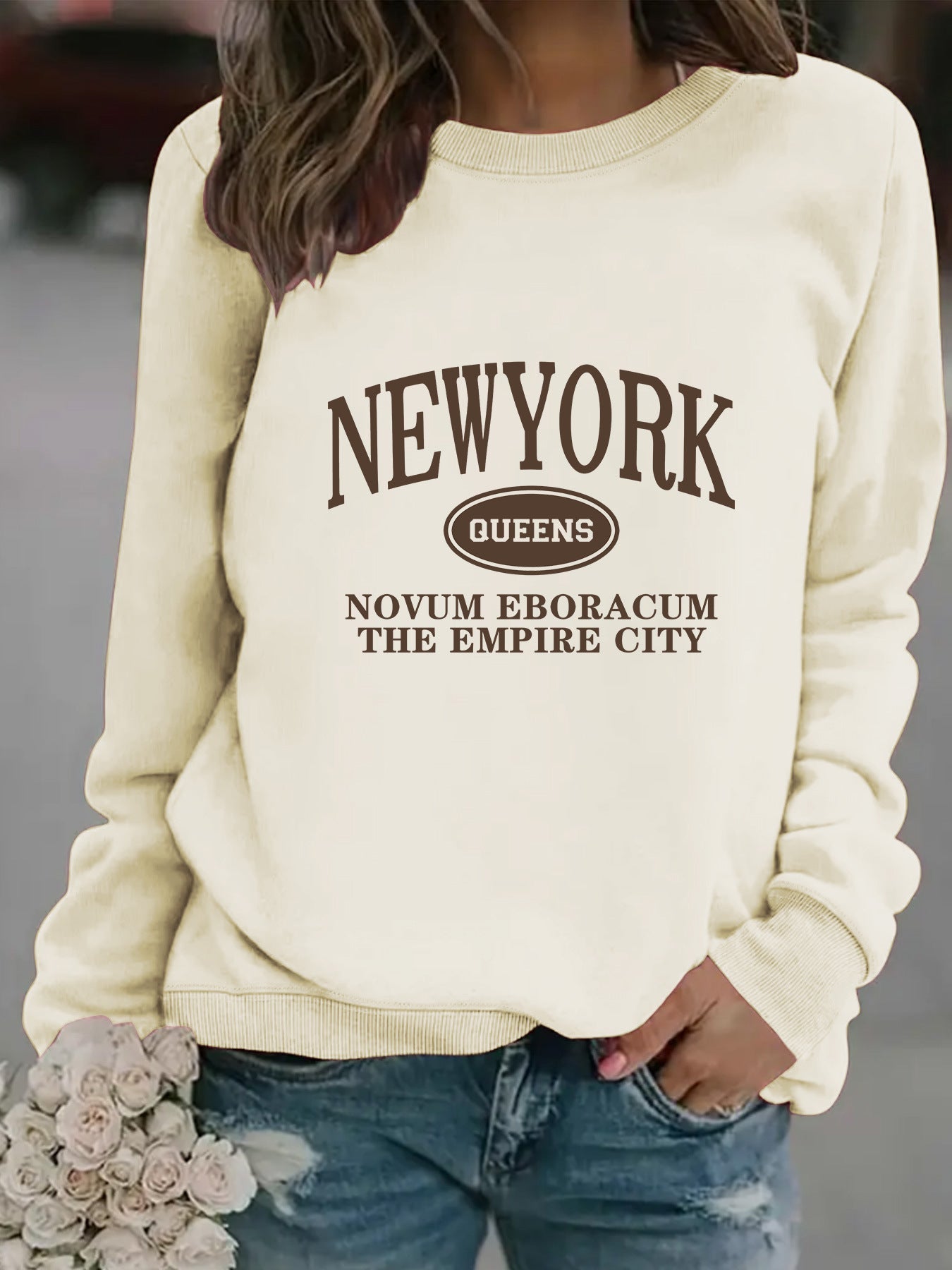 Damen Sweatshirt New Yorker Schriftzug Baumwolle Weiß