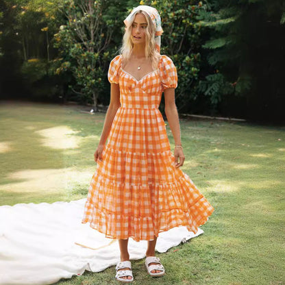 Damen Maxi-Kleid Rüschen Karomuster