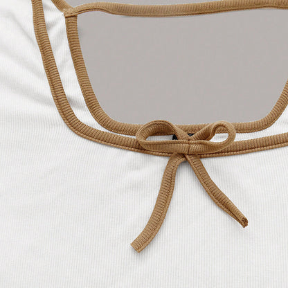 Damen Cropped Langarmshirt Quadrat-Ausschnitt Knoten-Detail Weiße