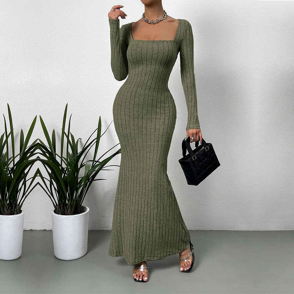 Damen Langarm Maxikleid Rippdesign Elegantes Norvielle - Norvielle