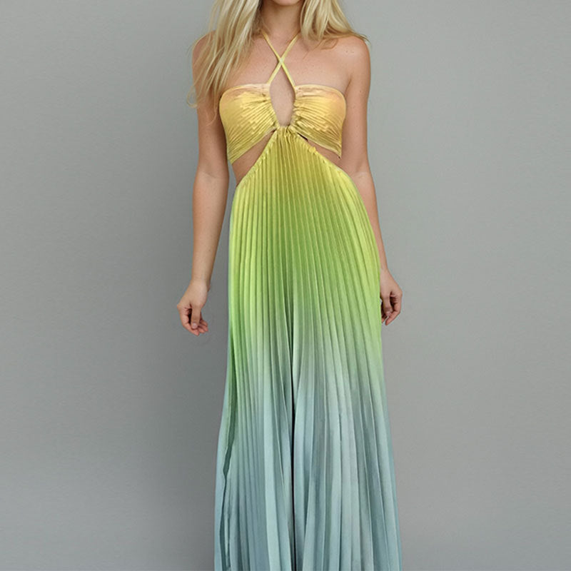 Damen Maxikleid Plissee Ausschnitt Cut-Out Norvielle