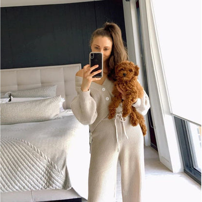 Damen Strick-Loungewear-Set mit Knöpfen Lässig