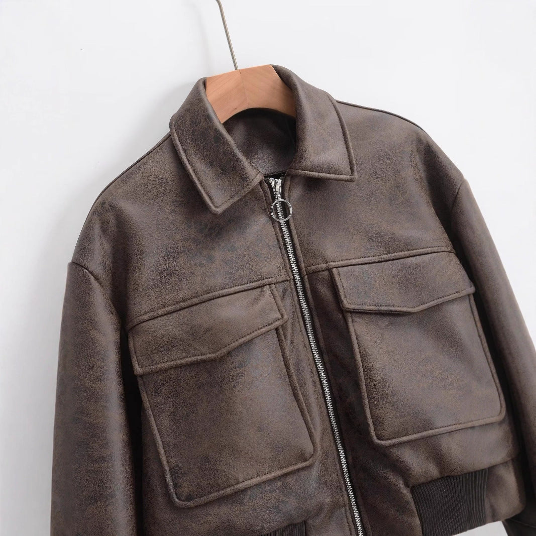Damen Cropped Kunstlederjacke mit Taschen