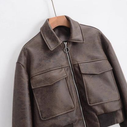 Damen Cropped Kunstlederjacke mit Taschen