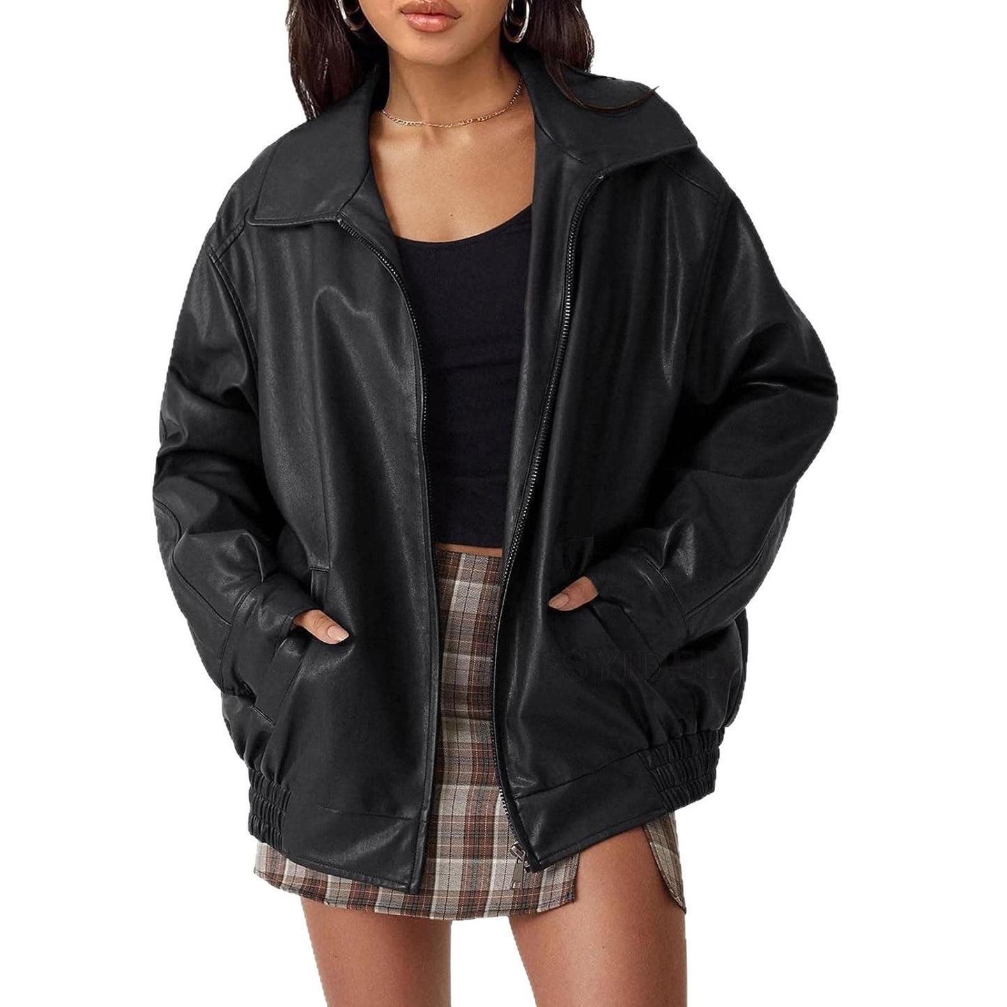 Damen Lederjacke Lässig Großer Kragen