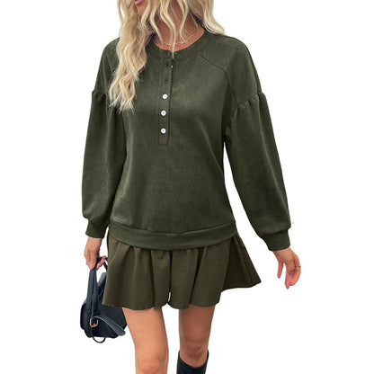 Damen Sweatshirt Knopfleiste Rüschensaum Norvielle
