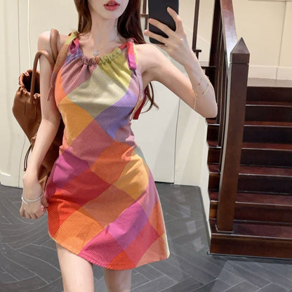 Damen Kurzarmkleid Karomuster Elastisch V-Ausschnitt