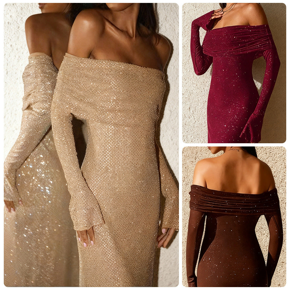 Damen Abendkleid Schulterfrei Paillettenbesatz Figurbetonter Schnitt - Norvielle