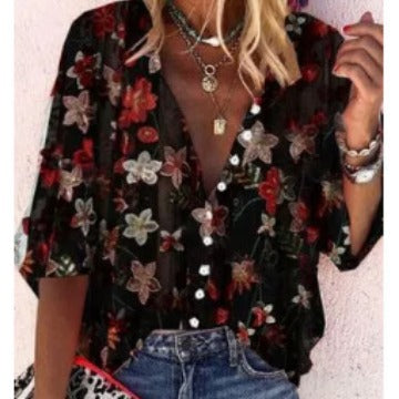 Damen Bluse Transparent Floral Stickerei Übergroß Norvielle - Norvielle