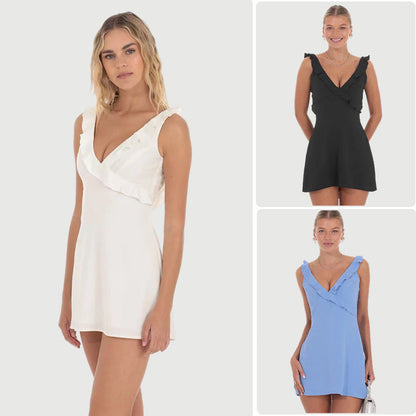 Damen Cocktailkleid Rüschen V-Ausschnitt Schwingrock Schwarz - Norvielle