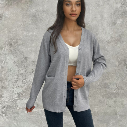 Damen Strickjacke Rippenmuster Taschen Beige