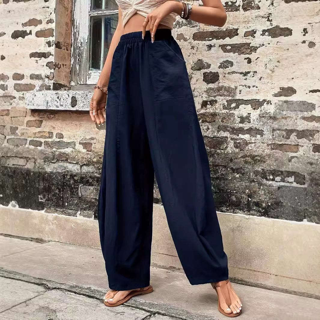 Damen Leinenhose Weit Elastischer Bund