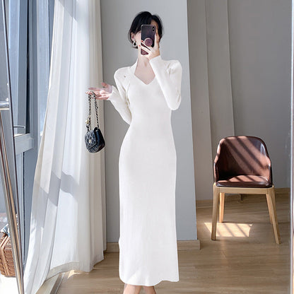 Damen Strickkleid V-Ausschnitt Seitenschlitze Norvielle