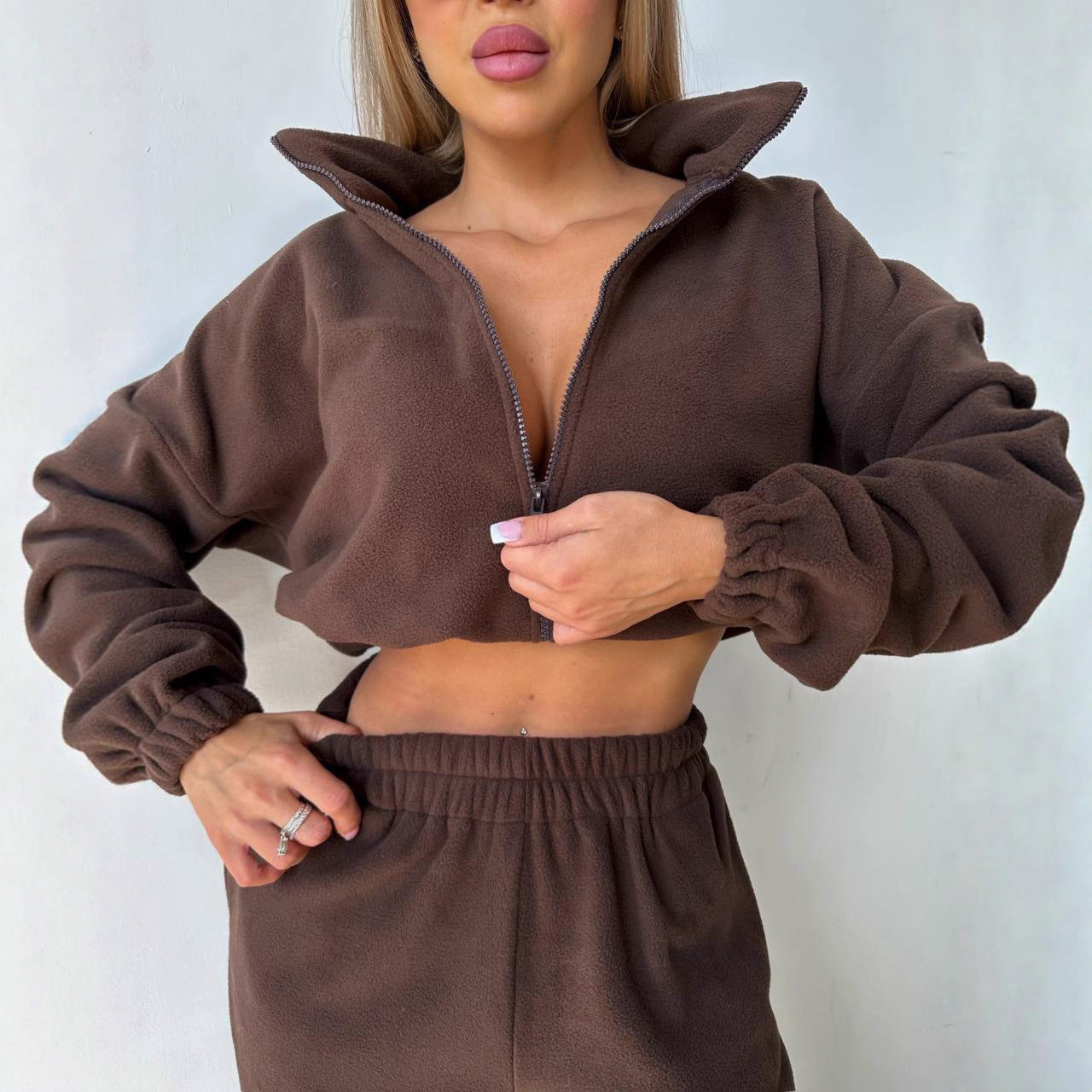 Damen Cropped Fleecejacke Reißverschluss Norvielle