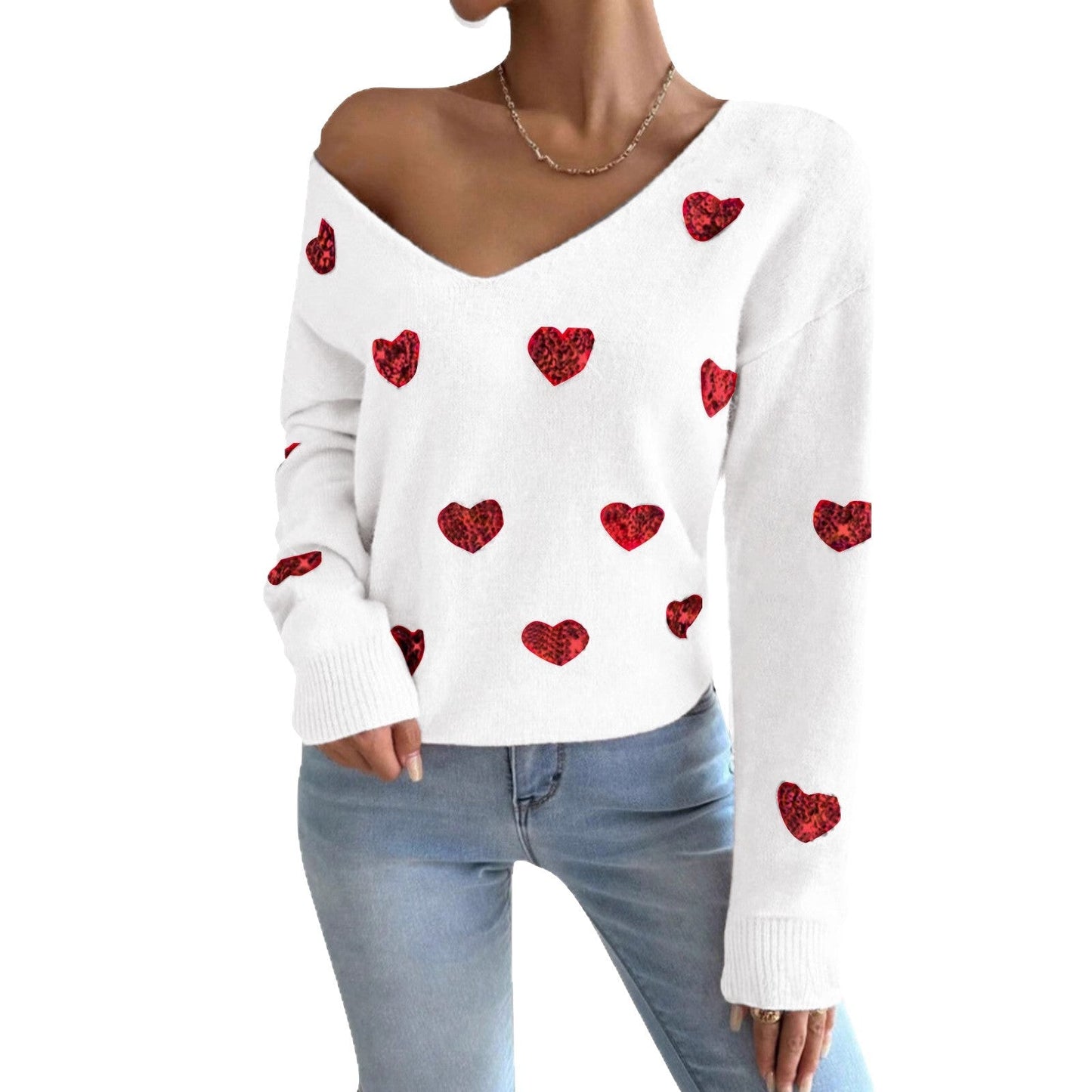 Damen Oversized Pullover V-Ausschnitt Herzmotiv