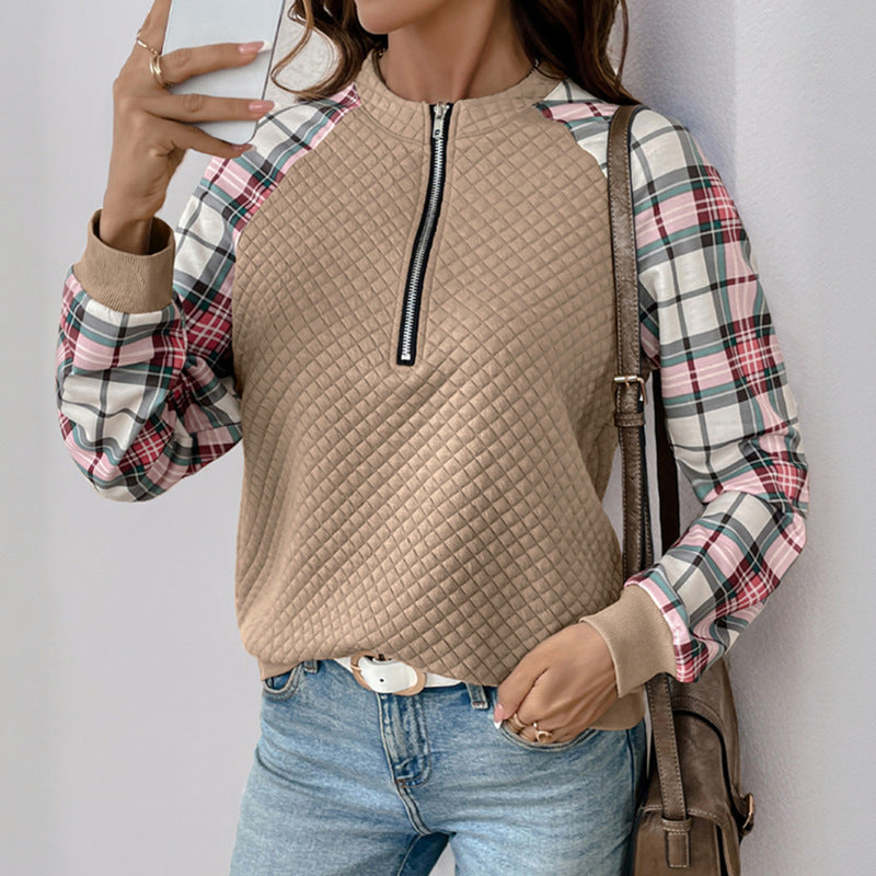 Damen Pullover Karomuster Reißverschluss Norvielle