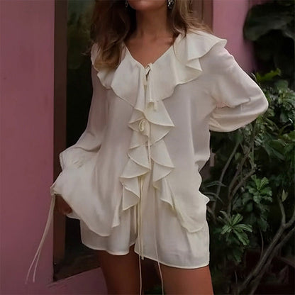 Damen Bluse mit Rüschendetails und Bindebändern Elegantes Oberteil