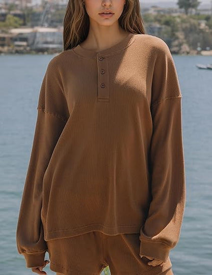 Damen Langarm-Pullover mit Knöpfen und Details aus Baumwolle Beige