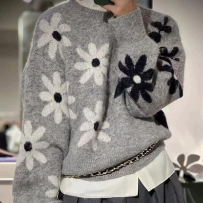 Damen Strickpullover Weiches Material Florales Muster Beige