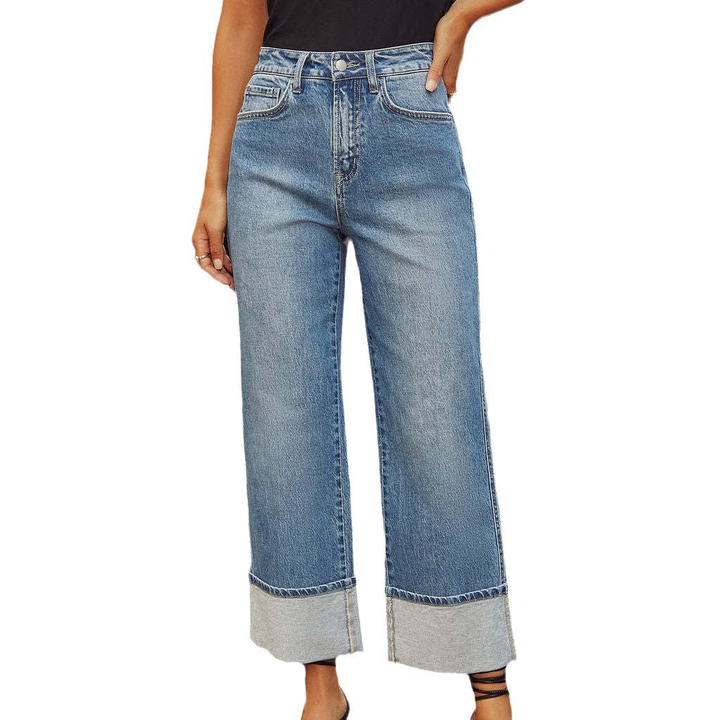Damen Weite Denim-Jeans Kontrast-Säume