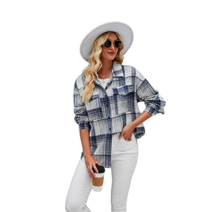 Damen Karobluse Weiches Flanell Knopfleiste