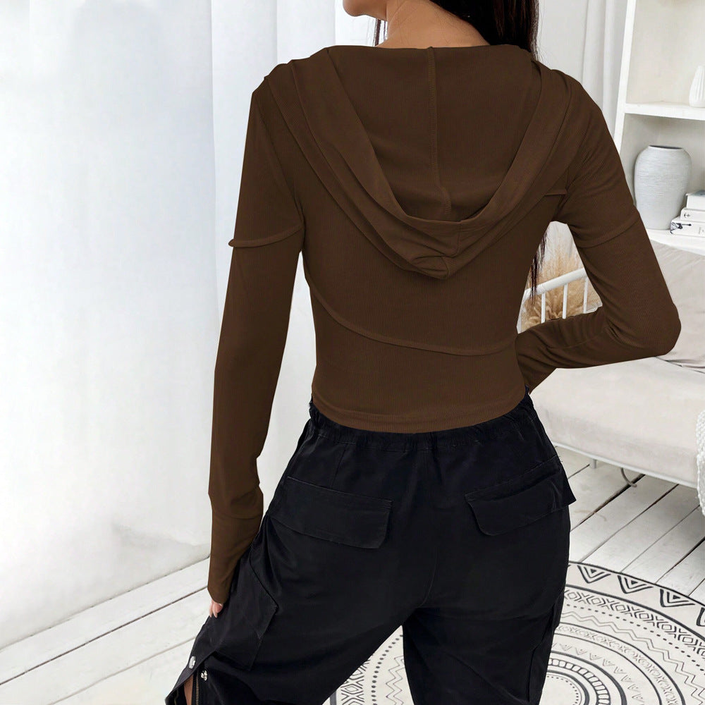Damen Crop- Langarm Kapuze Elegantes Design