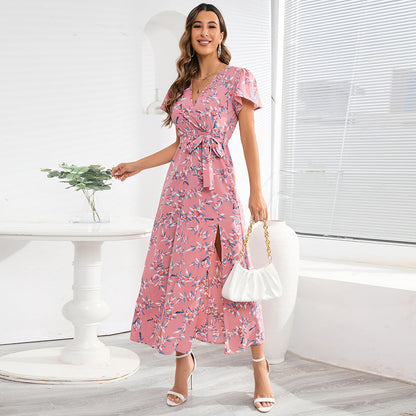 Damen Maxi-Kleid Floralmuster Taillengürtel Norvielle