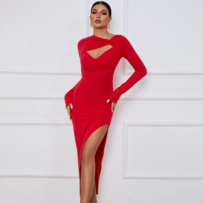 Damen Langarm-Kleid mit Cut-Out und hohem Schlitz Norvielle