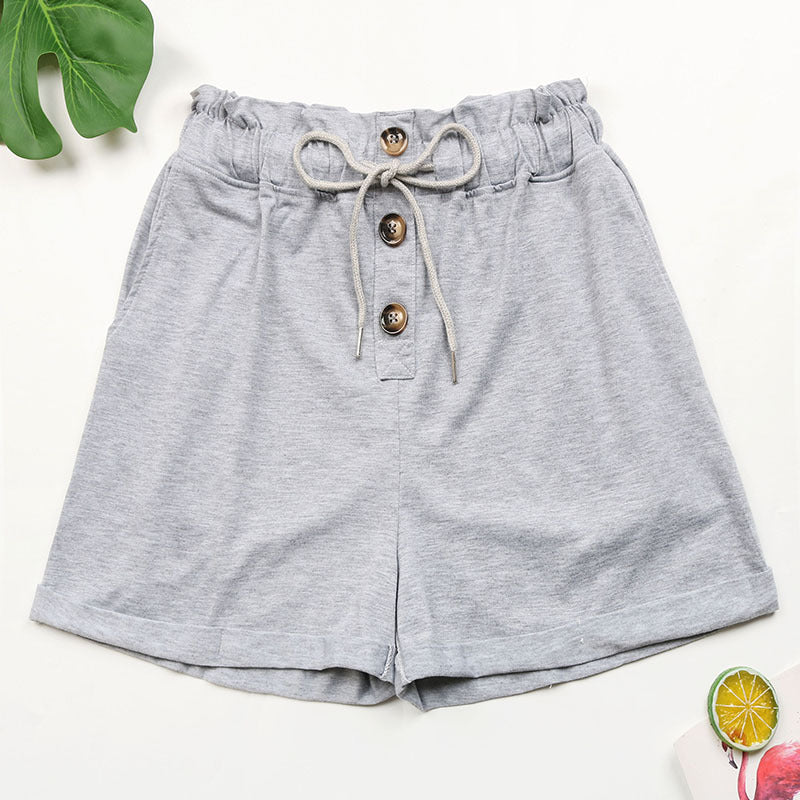 Damen Freizeitshorts Verstellbarer Bund Dekorative Knöpfe Schwarz - Norvielle