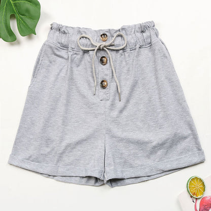 Damen Freizeitshorts Verstellbarer Bund Dekorative Knöpfe Schwarz - Norvielle