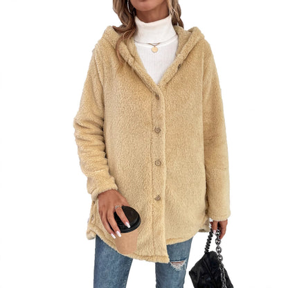 Damen Übergangsjacke Flauschig Mit Kapuze Knopfverschluss Norvielle